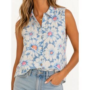 Vintage Liz Claiborne Floral Denim Vest Top Womens 14 Cottagecore Y2K Blue